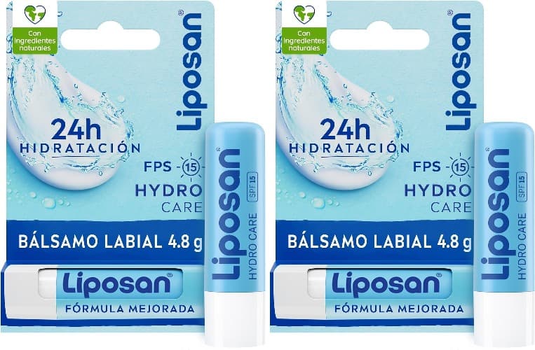 Liposan Hydro Care FPS 15 (1 x 4,8 g), cacau labial com 24 horas de hidratação, bálsamo labial com proteção solar, bálsamo hidratante para lábios bonitos e macios x 2