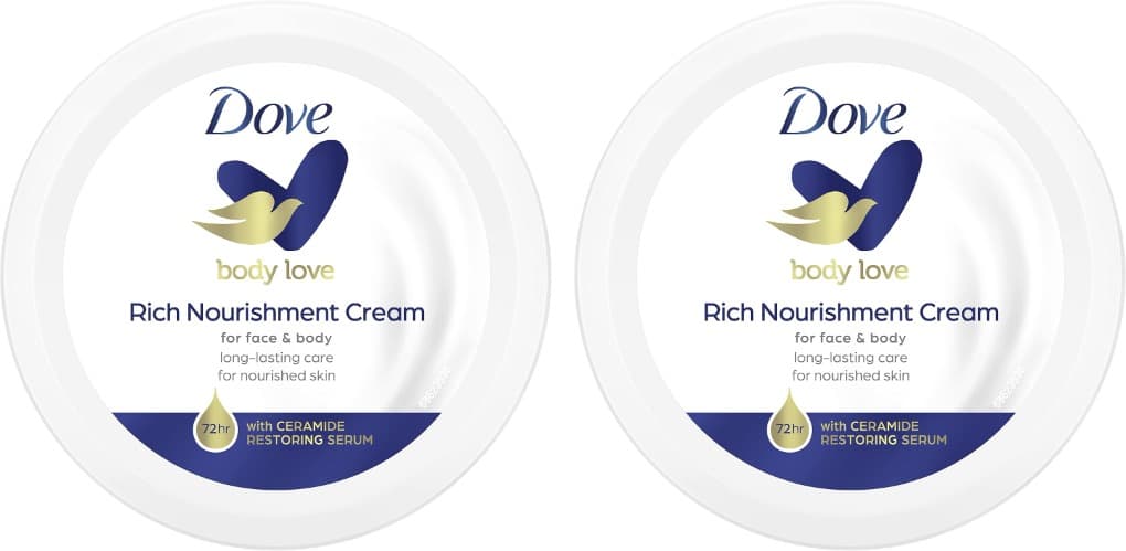 Dove Creme hidratante corporal, mãos e facial 3 em 1, nutrição intensa, longa duração de 72 h com soro restauração de cereais para todos os tipos de pele, 150 ml x 2