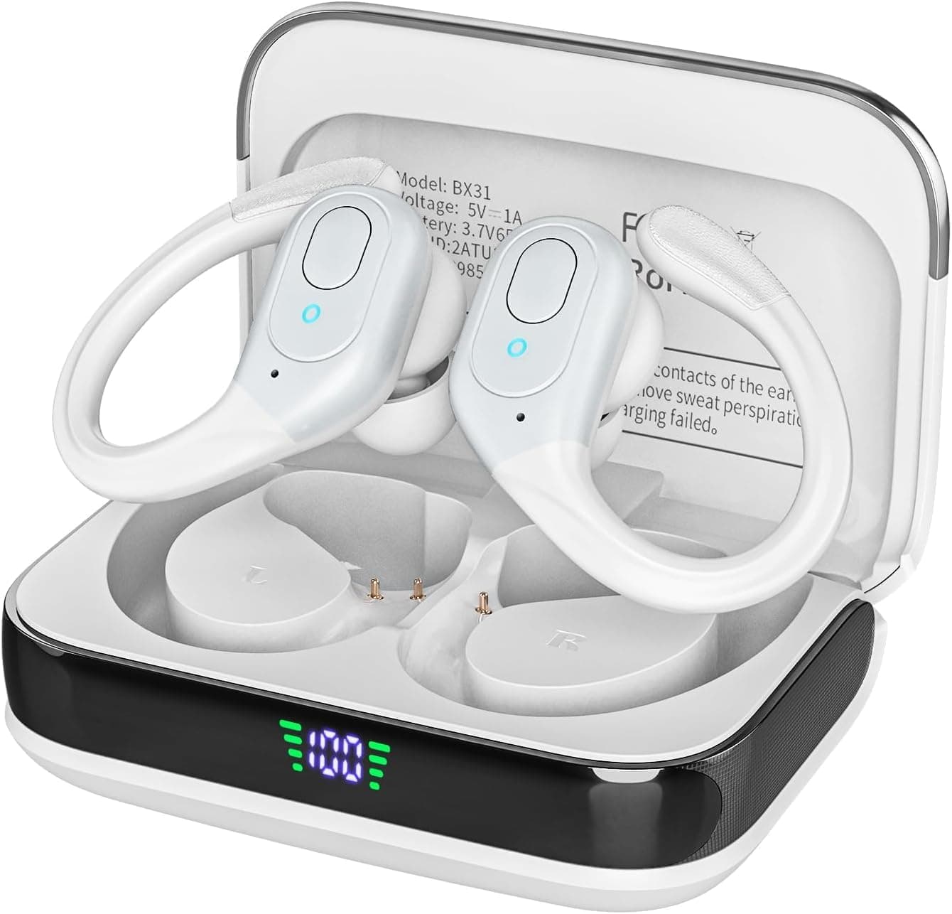 Auscultadores Bluetooth sem fios, 75 horas de reprodução, estojo de carregamento com ecrã LED, ganchos de orelha, à prova de água IPX7, design over-ear para desporto e corrida