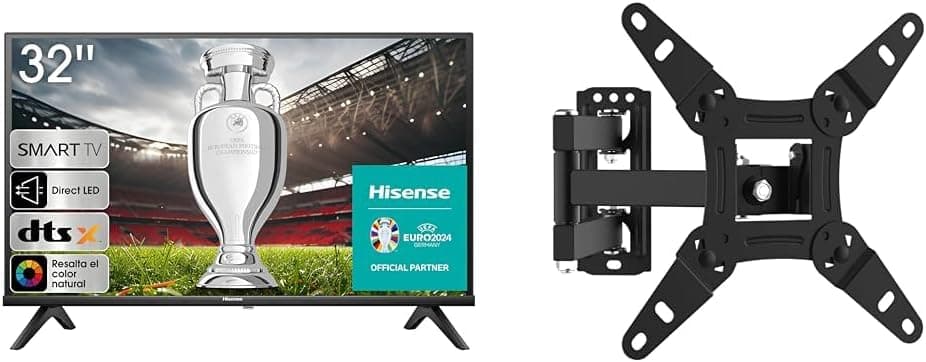 Hisense TV 32A4K - HD Smart TV de 32" com modo de jogo, desportos IA, som Dolby DTS HD e GRIFEMA GB1008-2 suporte de TV parede para TV 13-43", girar, inclinar