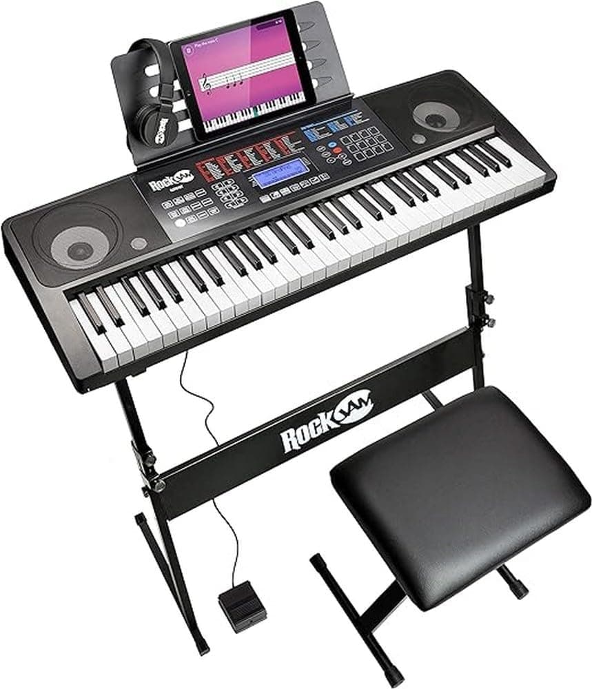 RockJam Kit de teclado digital de 61 teclas, banco, suporte de teclado, auscultadores, pedal de apoio e aplicação de piano