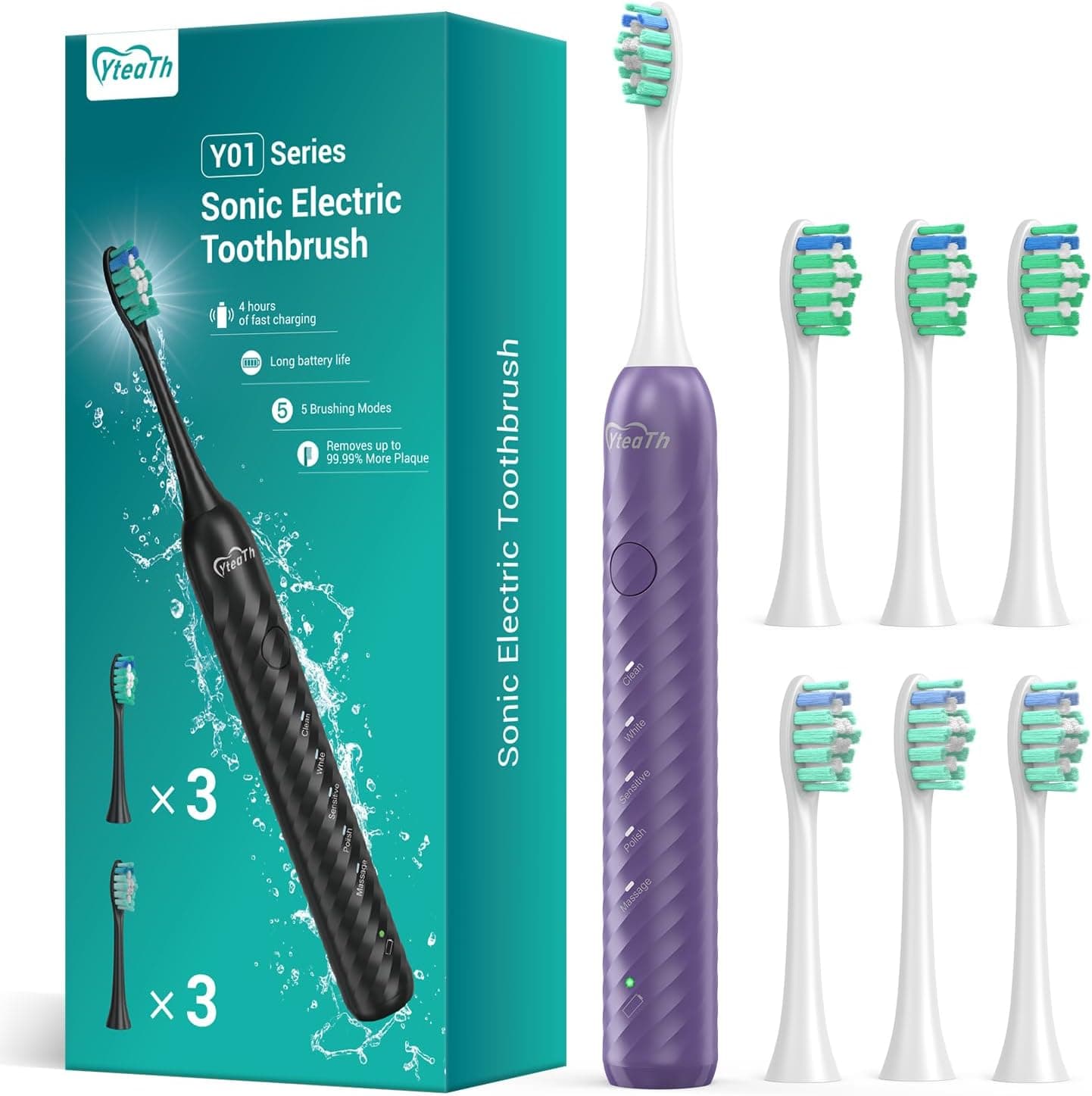 YTEATH PRO Purple Berry | Escova de dentes elétrica sónica recarregável com 6 cabeças e bateria de longa duração