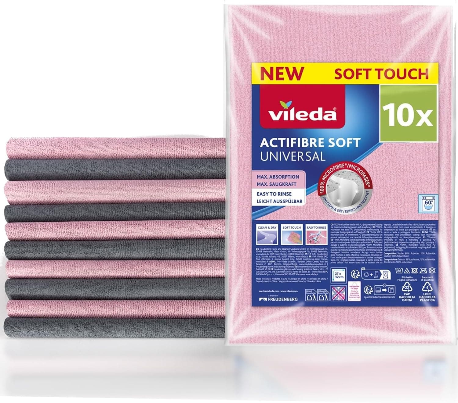 Vileda Atifibre Soft - pano de limpeza universal de microfibra, 100% microfibra para resultados sem riscas, alta absorção, para todas as superfícies lisas, cor rosa e cinzento, pack de 10