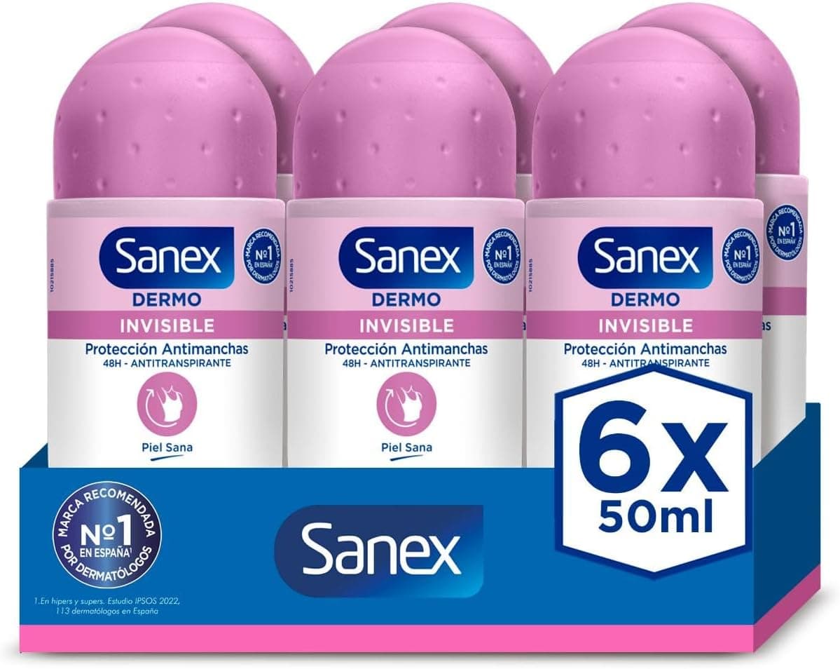 Sanex Dermo invisível desodorizante Roll-On, pack 6 unidades x 50 ml, anti-respirável, com proteção contra o suor e o odor, anti-manchas, restaura o pH natural da pele