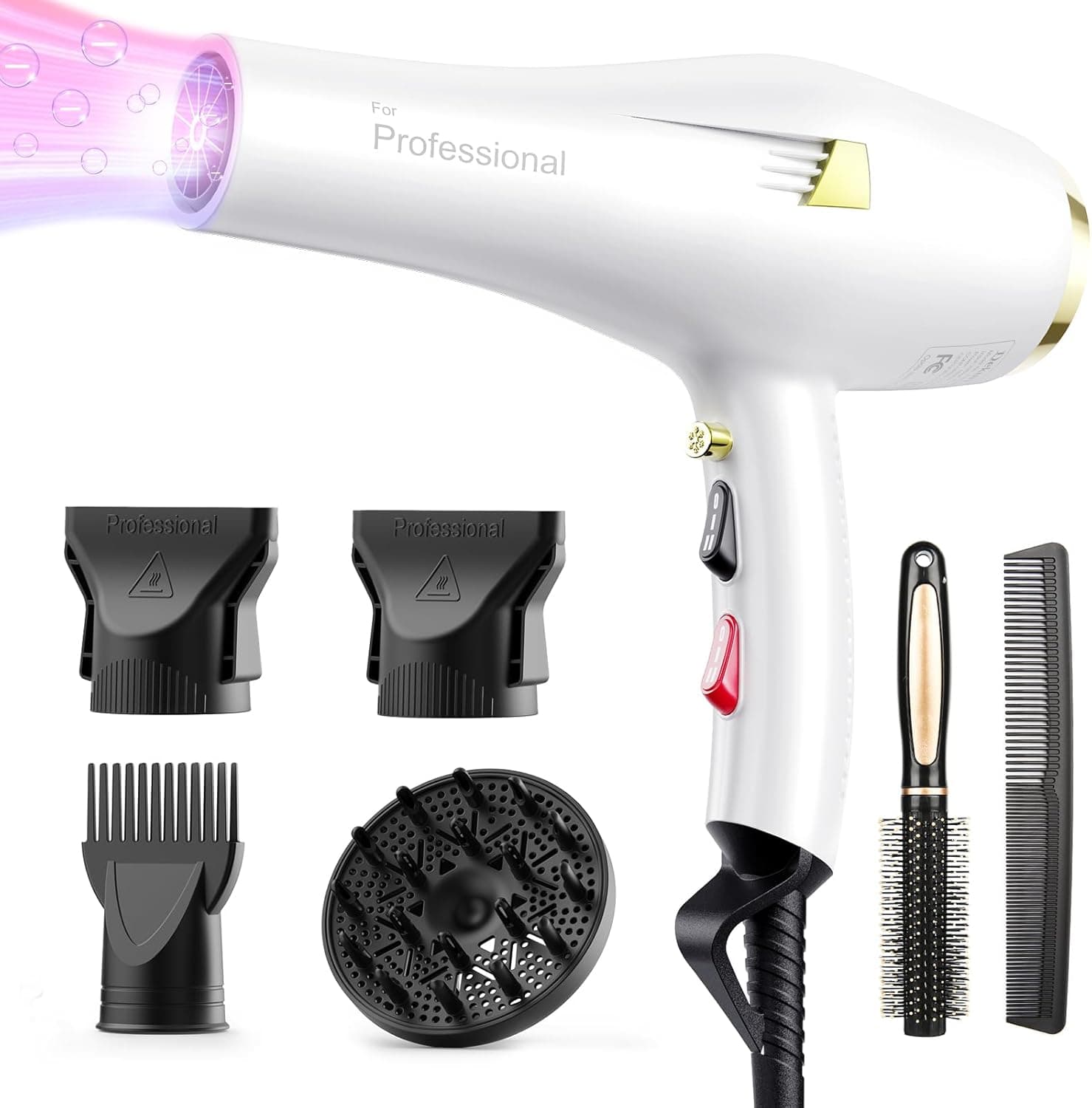 Dekuri Secador de cabelo profissional, secador de cabelo ion, sem crescimento, secagem rápida sala de estar secador de cabelo com difusor e bicos, 3 temperaturas e 2 velocidades para mulheres e homens