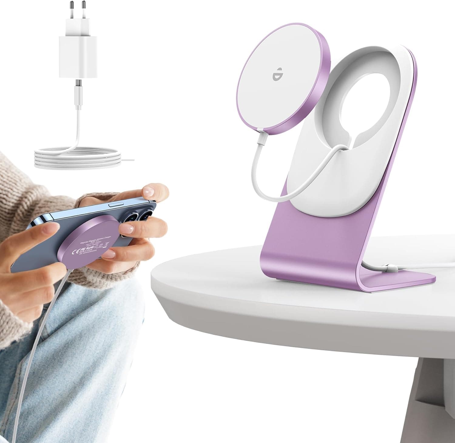 Carregador sem fios BHHB mag- Safe carregador carregamento sem fios com suporte de 15 W, carregador sem fios rápido Stand para iPhone 15/14/13/12/11 Pro MAX Mini XS XR, AirPods 2/3/Pro 2/Pro (rosa)