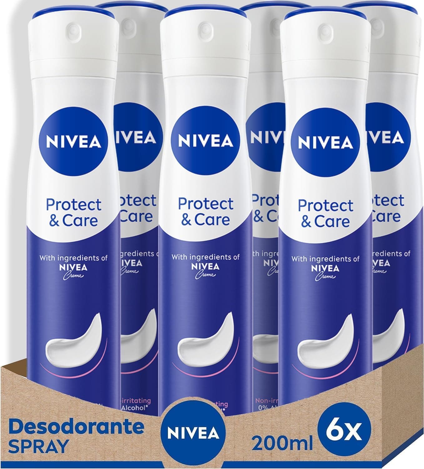NIVEA Protect & Care Spray em embalagem de 6 (6 x 200 ml), desodorizante antitranspirante com o aroma de NÍVEA Creme, spray desodorizante com 0% álcool