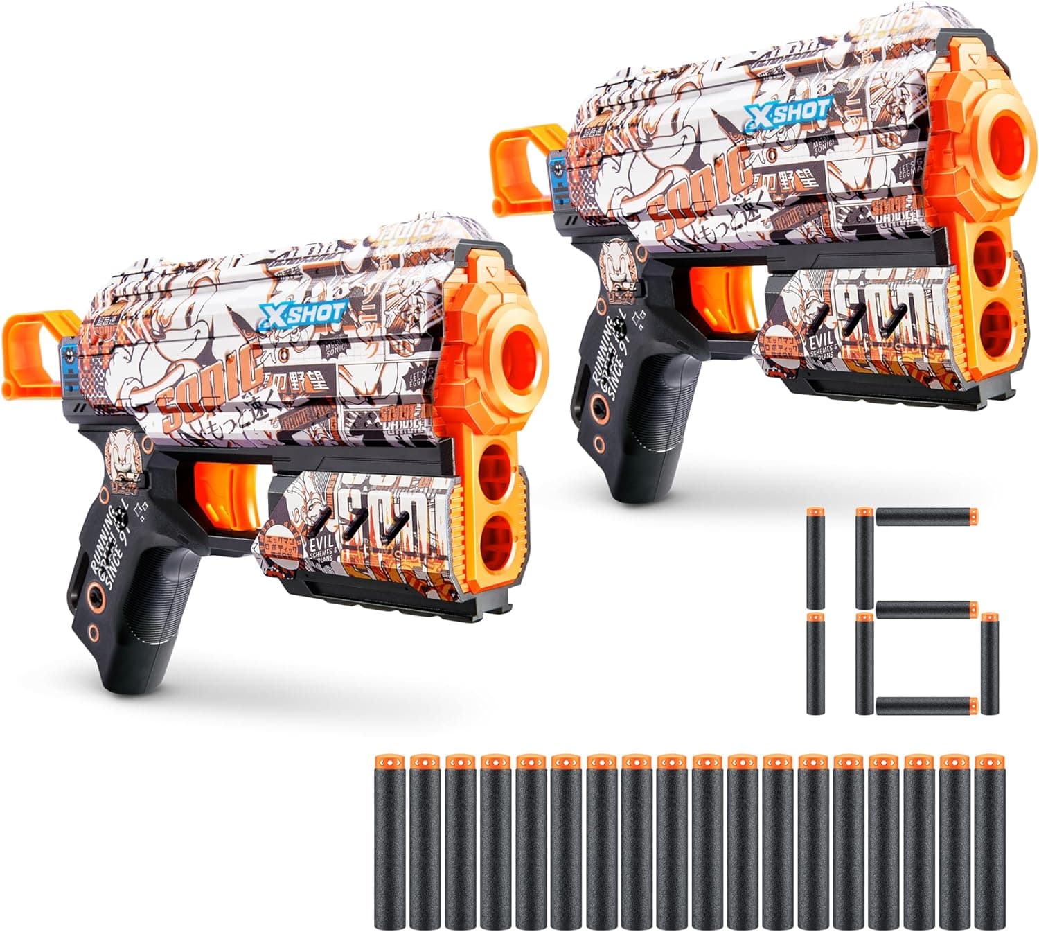 XShot Skins Flux Blaster Sonic retro, design Sonic The Hedgehog com 16 quartos, fácil relatório, ar Pocket Dart Technology, Toy Foam Blaster for Kids, adolescentes e adultos (2 Blasters, 16 quartos)