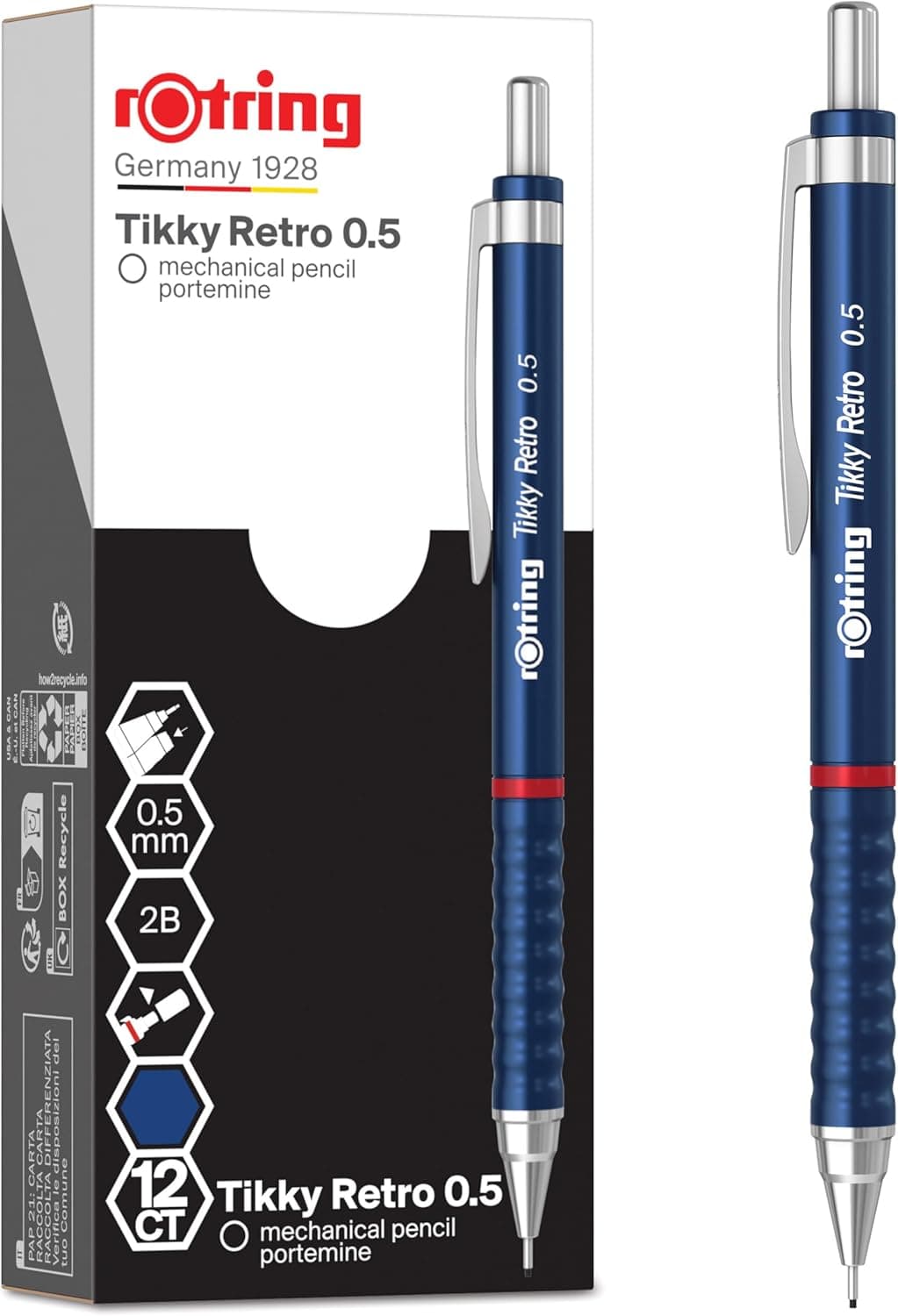 Rotring Portaminas retro Tikky 2B de 0,5 mm | corpo azul, aderência ondulada, 12 unidades