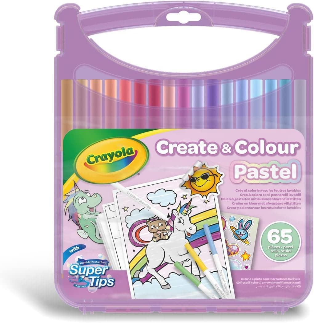 CRAYOLA Bolo - Conjunto de marcadores laváveis SuperTips, 65 unidades, cores sortidas pastel, atividade criativa e presente para crianças a partir dos 4 anos