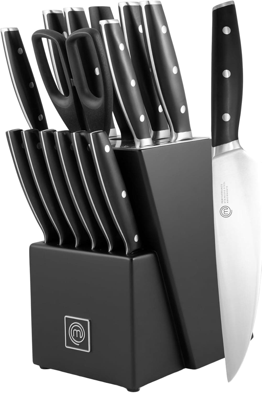 MasterChef Conjunto de facas de cozinha profissional com suporte, com faca de chef, cebola, Santoku, Pão, afiador e tesouras, aço inoxidável com alto carbono, alças triplo rebite, 15 peças