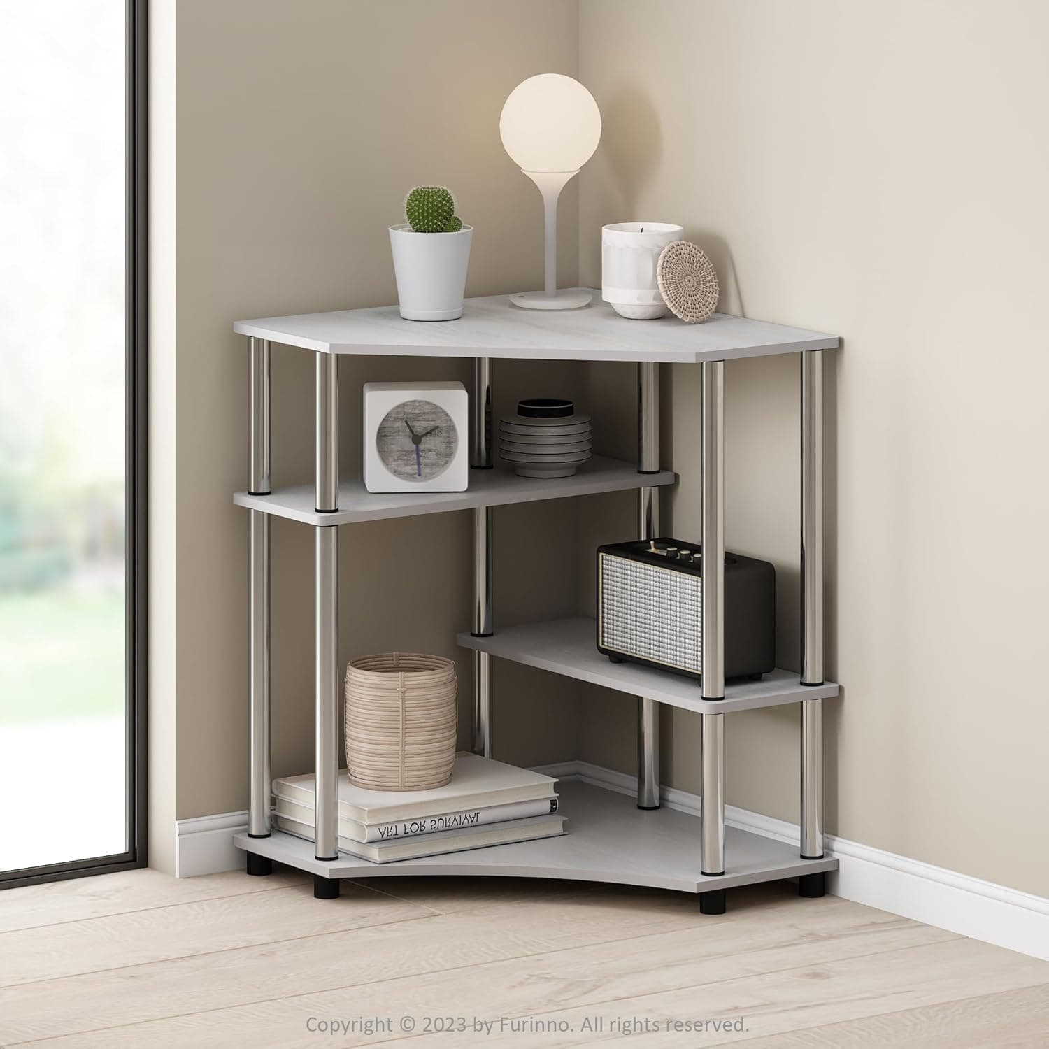 Furinno Turn-N-Tube | Estante de canto multifuncional em carvalho branco com tubos em aço inox