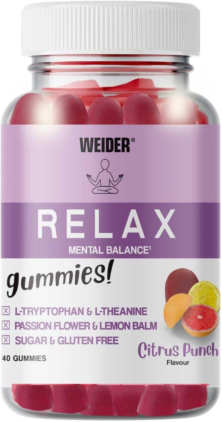 Weider Relax Gummies (40 gominolas) sabor Citrus Punch. Gominolas com L-Teanina, L-triptofano, extratos de passiflora e melisa, vitamina B6, para ajudar no relaxamento. Sem açúcar. Sem glúten