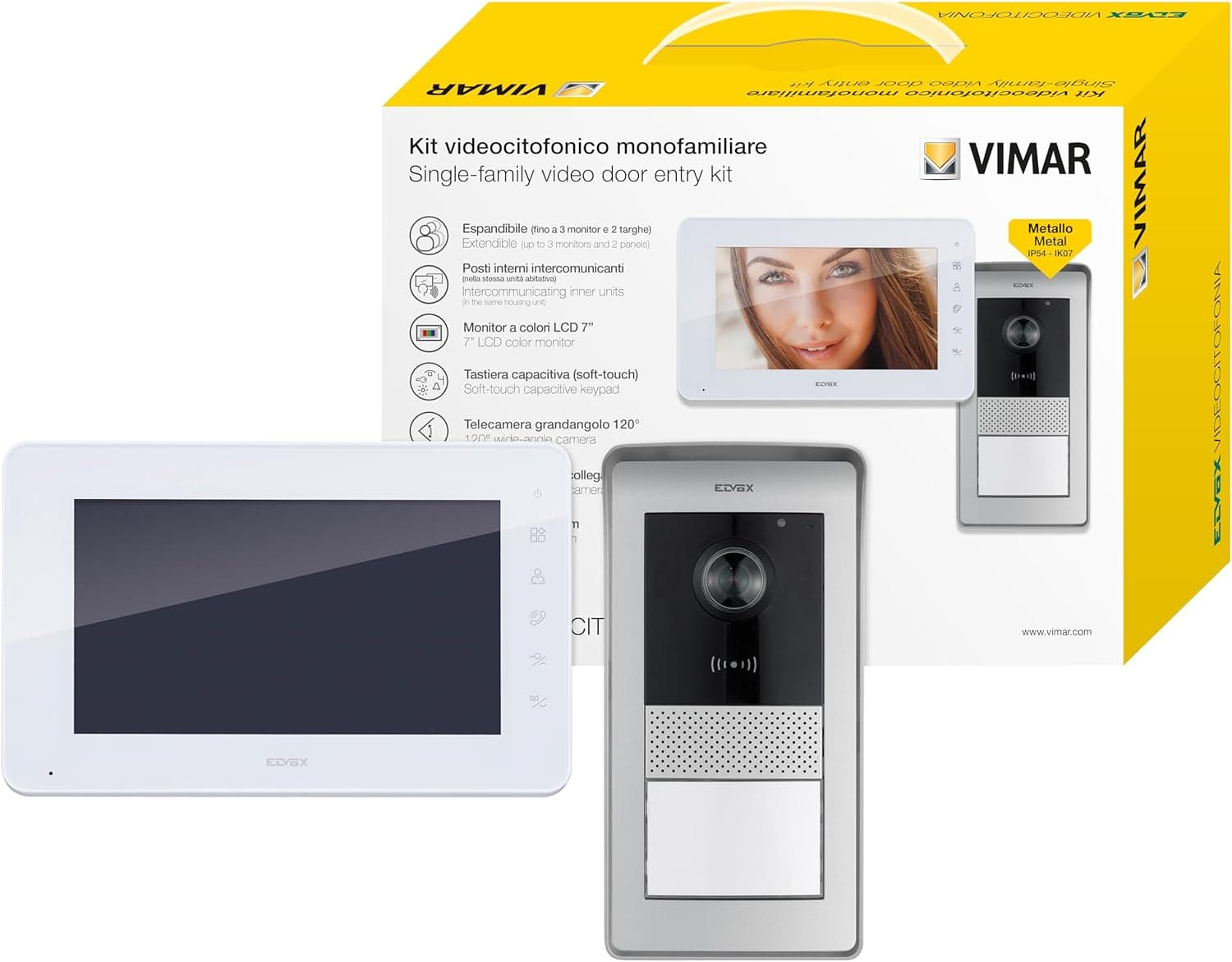 Vimar K42910, kit de videoporteiro, de superfície com videoporteiro, teclado capacitivo, placa de áudio/vídeo RFID, 1 botão, alimentador com pinos intercambiáveis padrão EU, BS, US, AU