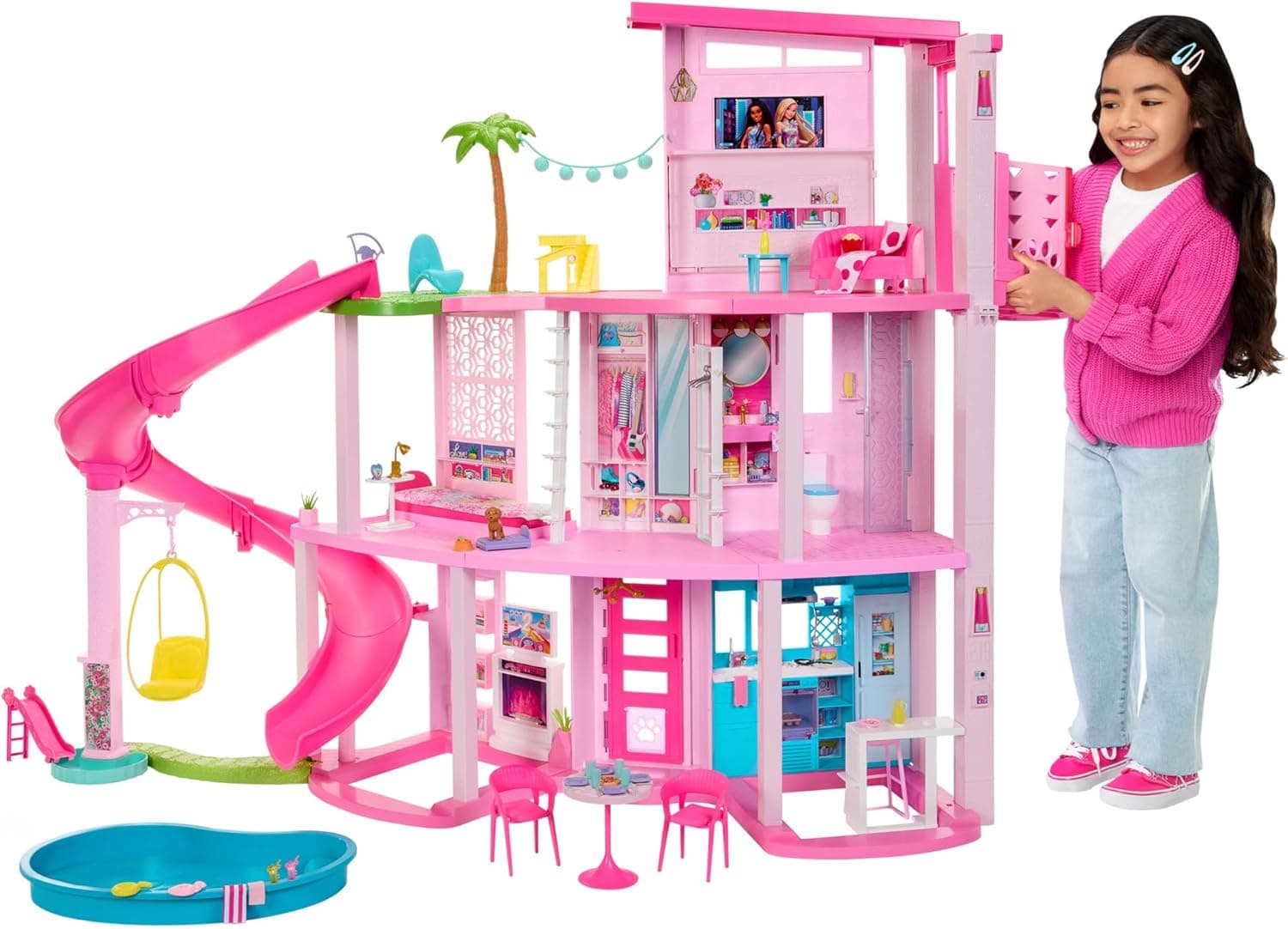 Barbie Dreamhouse 2023 Casa para bonecas de brinquedo de 3 plantas com 75 móveis e acessórios, 3 anos (Mattel HMX10)