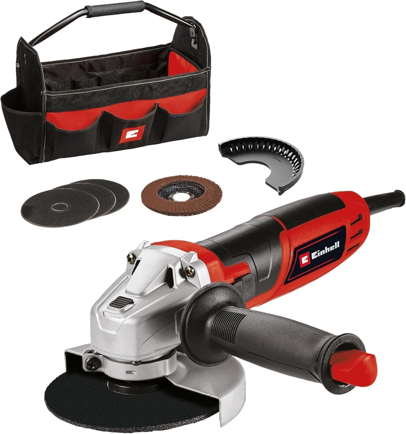 Einhell Moedor de ângulo TC-AG 125/850 kit (850 W, 12.000 rpm, profundidade de corte 28 mm, máx. Diâmetro do disco 125 mm, incl. 3 discos de corte, 1 disco de lixamento de ripas e 1 bolsa de Einhell)