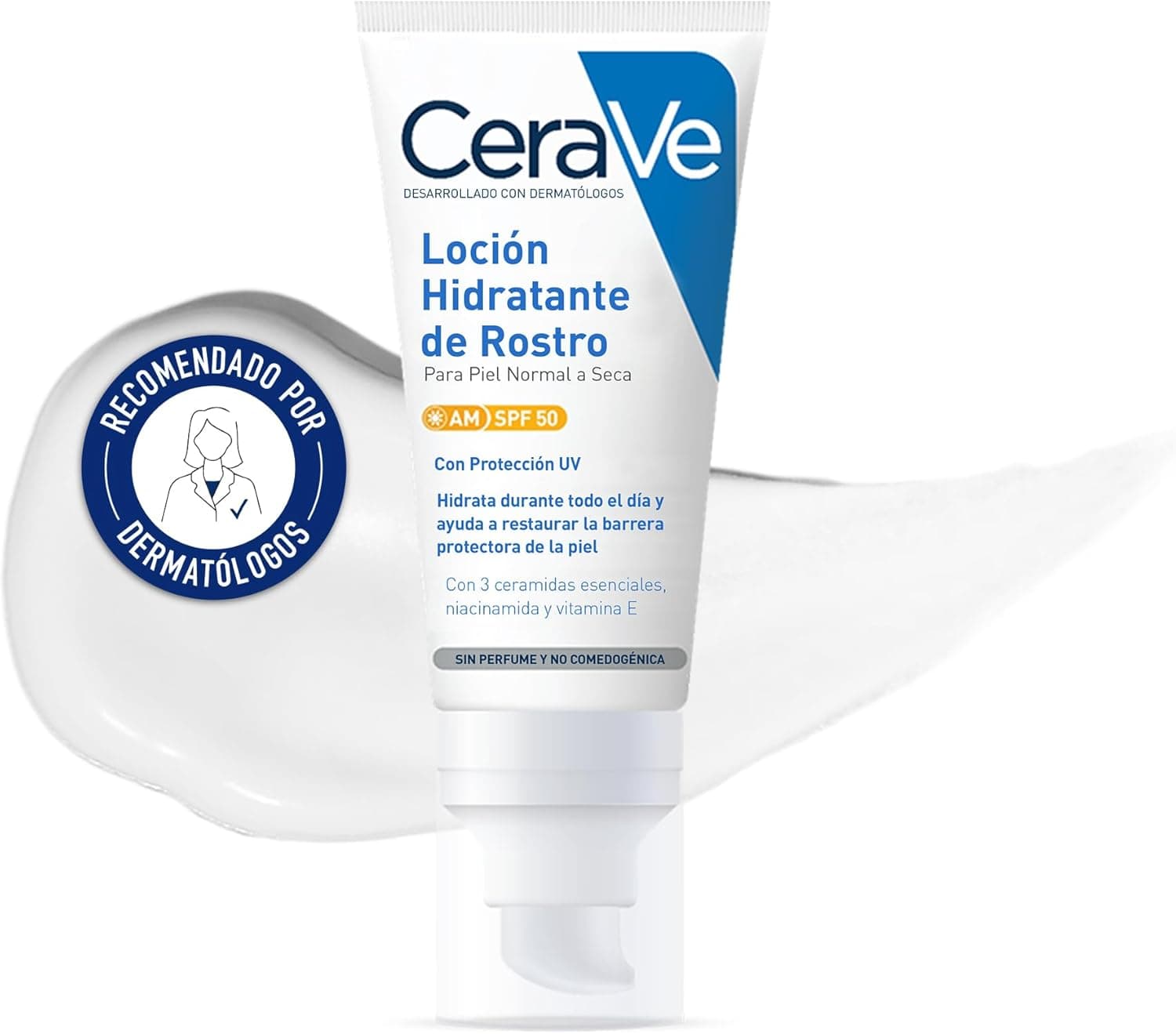 CeraVe, Loção hidratante de rosto SPF 50, para pele normal a seco, hidratação e alta proteção contra raios UVB/UVA, enriquecida com ceramidas, 52 ml