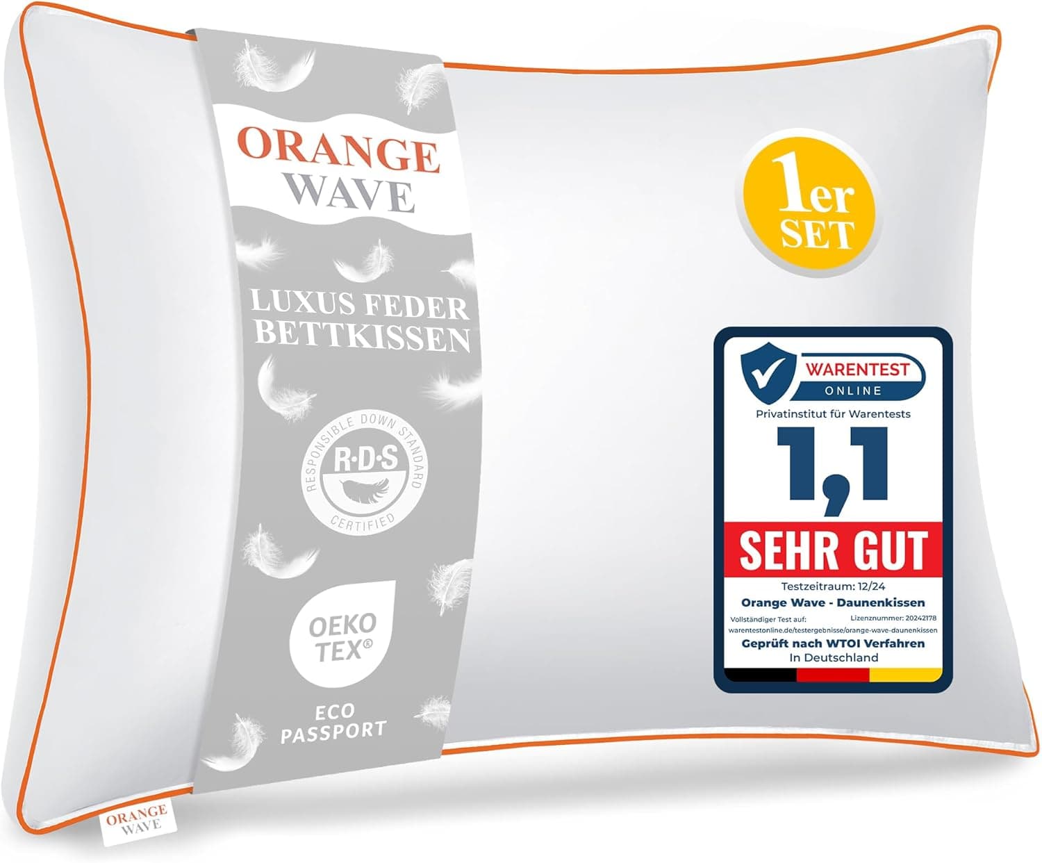 Orange Wave Feather Pillow | Almofada de penas natural 40x80 cm com conforto ergonómico e certificação Oeko-Tex