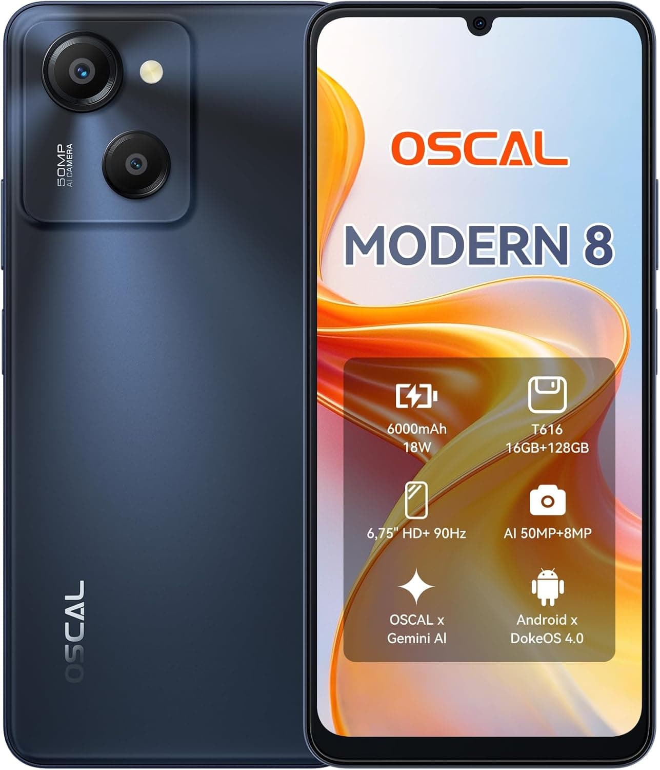 OSCAL Modern 8 telemóveis, 128 GB + 16 GB 6000 mAh (18 W) telemóveis livres, T616 Octa-Core 2,0 GHz, 6,75 ecrã HD 90 Hz Smartphone, câmara 50 MP+8 MP, 4G dual SIM/OTG/GPS. /ID facial