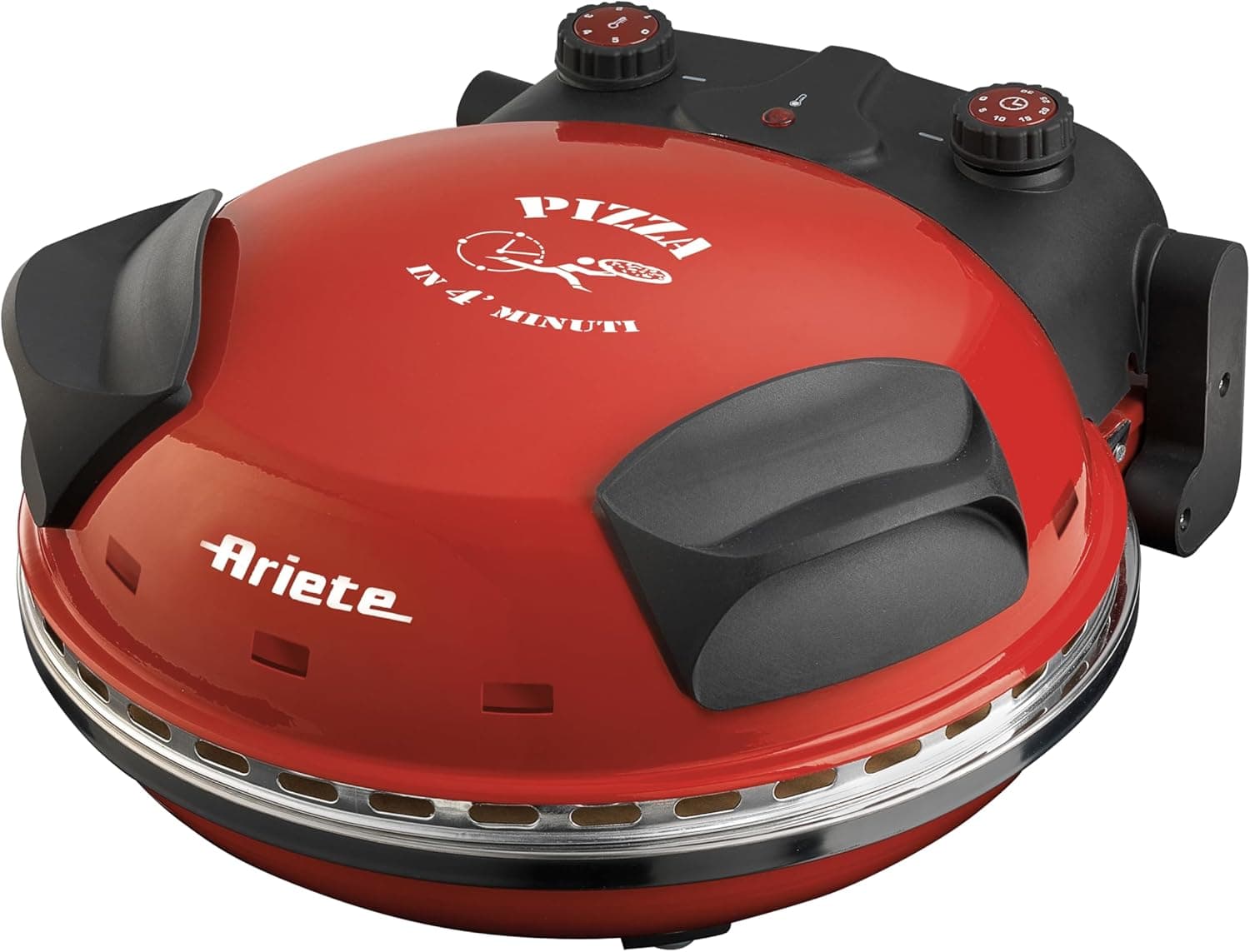 Ariete 909 - Mini forno para pizza em 4 minutos, 1200 W, 5 níveis de temperatura, diâmetro 33 cm, regulador de tempo 30 minutos e temperatura, indicador luminoso ligado/desligado, cor vermelho preto