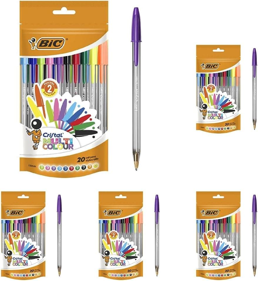 BIC Cristal Multicolour | Canetas esferográficas de ponta larga em cores sortidas, 20 unidades x 5 embalagens