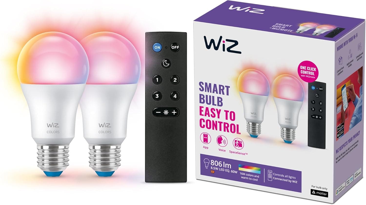 WiZ Pack de 2 lâmpadas com controlo remoto - luz colorida e branca - Lâmpada LED inteligente - E27-60 W - Conecte-se ao Wi-Fi - fácil de controlar