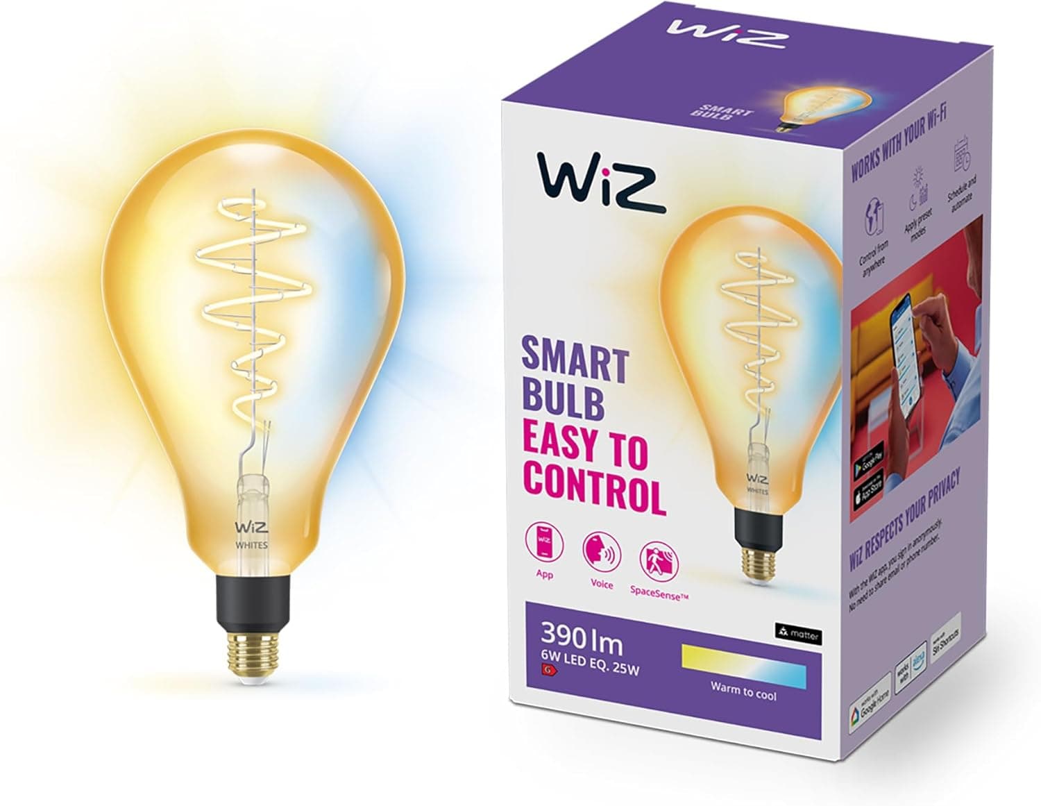WiZ - Lâmpada LED inteligente Wi-Fi 8W (Eq. 60 W) Tampa E27, luz branca regulável, com tecnologia SpaceSense e compatível com Alexa e Google Home, conjunto de 2