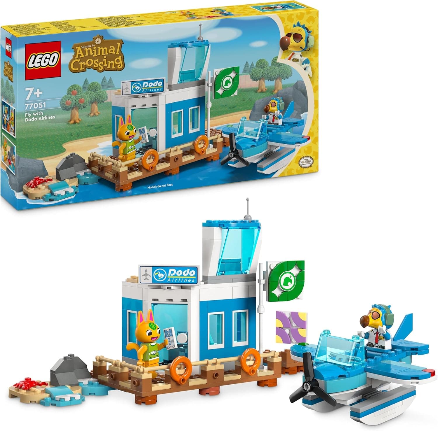 LEGO Animal Crossing voo com Dodo Airlines aeroporto de brinquedo com hidroavião e minifigura de piloto baseada em videojogos, presente para meninas e meninos de 7 anos ou mais, figura de pássaro 