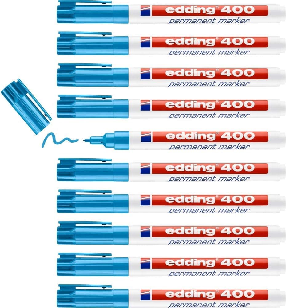 edding 400 Marcador permanente azul claro, 10 marcadores, ponta fina redonda de 1 mm, impermeável, de secagem rápida, marcadores indeléveis, para cartão, plástico, madeira, metal, vidro