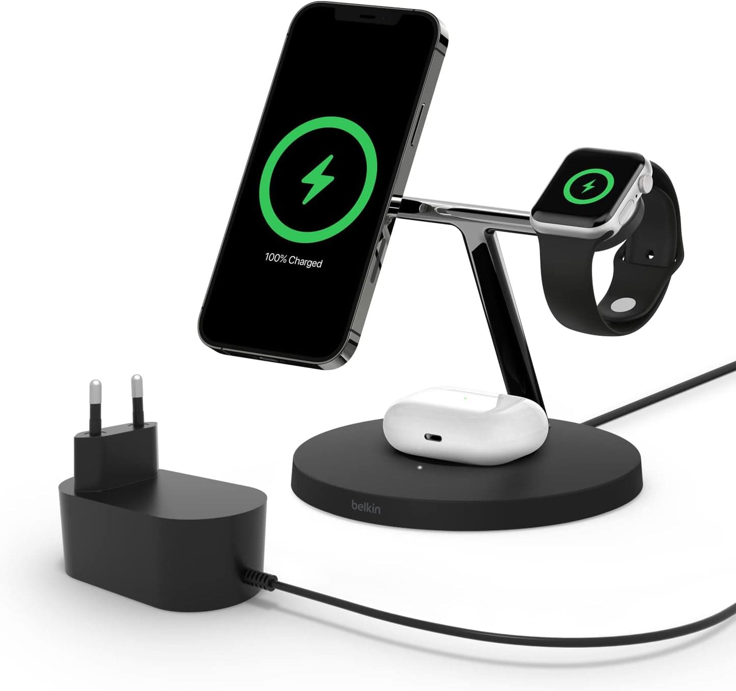 Belkin carregador sem fios 3 em 1 BoostCharge PRO com MagSafe para iPhone 15, Apple Watch e AirPods (carregamento magneticamente modelos de iPhone 15, iPhone 14, iPhone 13 e iPhone 12 com até 15 W)