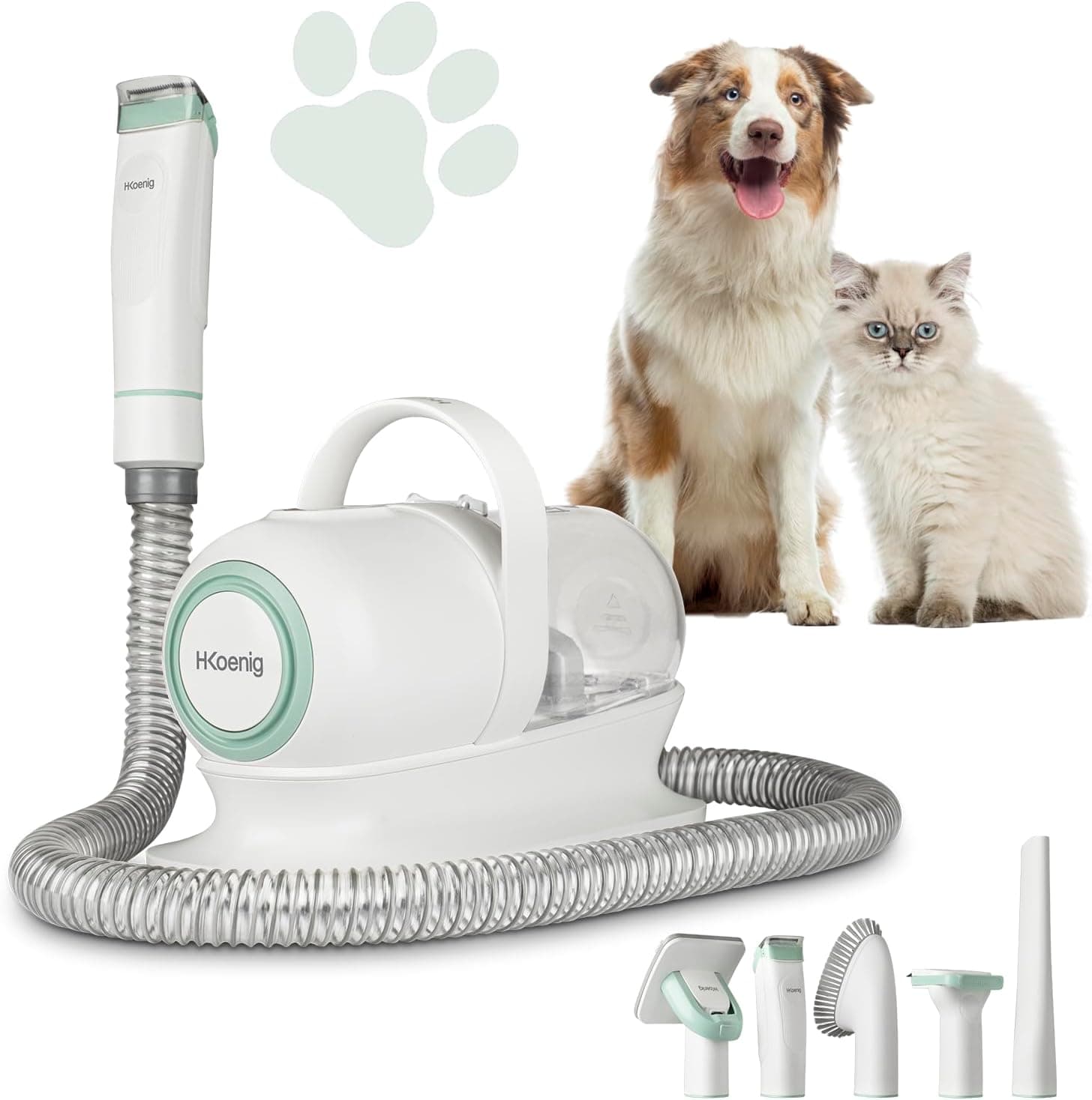 H.Koenig PAW400 Aspirador de pêlos de animais de estimação com escova, máquina de aparar, 9 acessórios, depósito removível de 1 l, 3 velocidades de sucção,