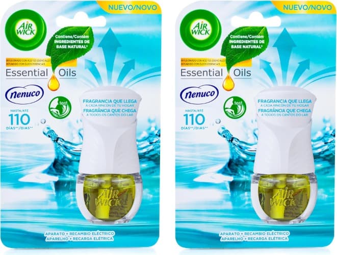 Air Wick Elétrico Nenuco | Aparelho e recarga de ambientador automático com fragrância suave de colónia de bebé, intensidade ajustável e duração até 110 dias, 2 embalagens