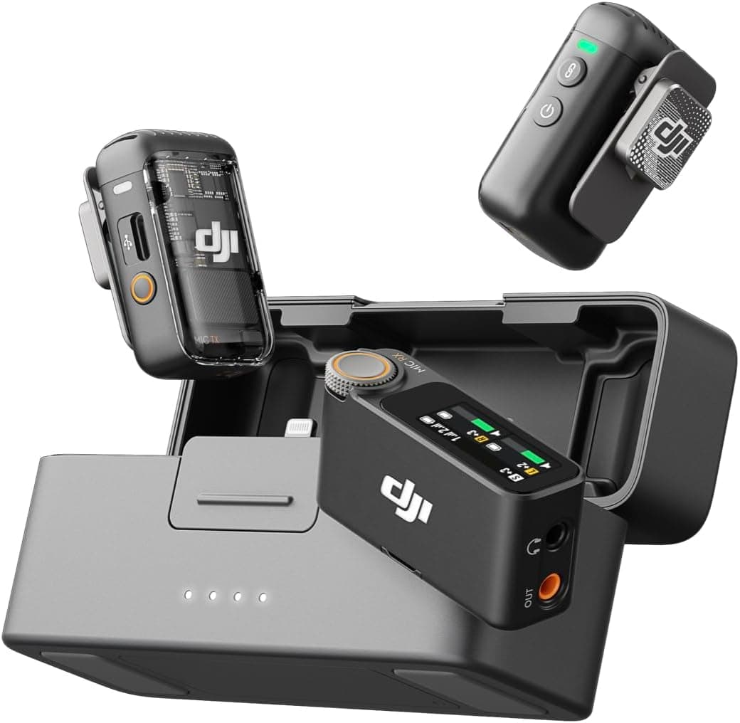 DJI Mic 2 (2 TX + 1 RX + Estojo de carregamento), tudo em um, microfone sem fio, cancelamento de ruído inteligente, gravação interna flutuante de 32 bits, microfone para iPhone e Android