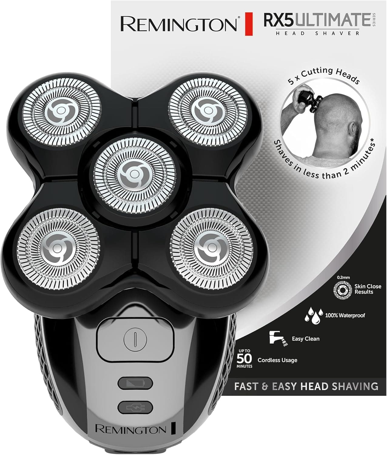 Remington RX5 Ultimate Series, máquina de cortar cabelo, máquina de barbear para calva, sem fios, 5 cabeças, flexíveis, 100% resistente à água, necessitar, preto - XR1501