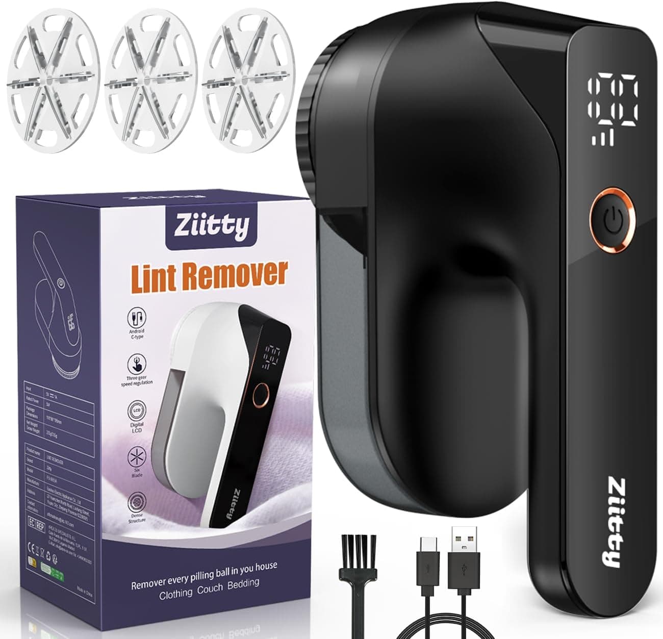 Removedor de roupa elétrica - Ziitty remove bolas de roupa, ecrã LCD, carregamento por tipo-C, 6 folhas, lâmina de tira-borbotos recarregável potente e eficiente para roupas e móveis, preto