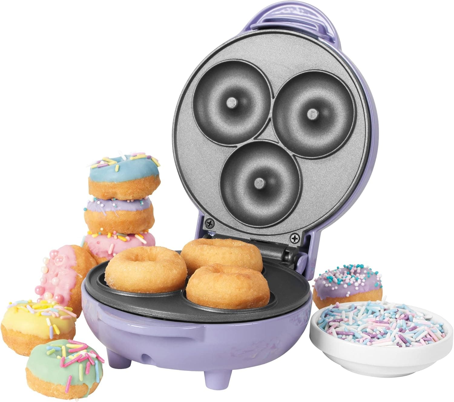 Petra PT4698PPVDEEU7 Aparelho para preparar mini donuts waffles ou panquecas, 550 W, fácil de limpar, placas antiaderentes, 3 mini donuts de cada vez, para o pequeno-almoço ou sobremesas, roxo pastel