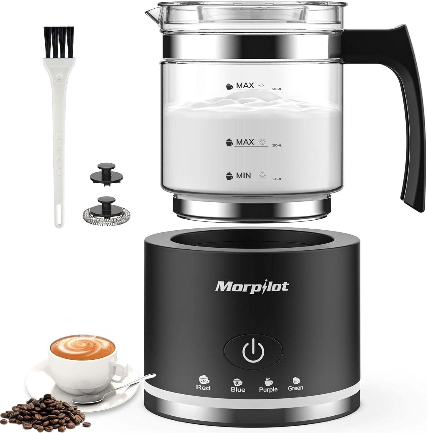 Morpilot Espumador de leite elétrico, 130 - 500 ml, 4 em 1 para leite quente e frio, adequado para máquina de lavar louça, vidro transparente, design latte, preto