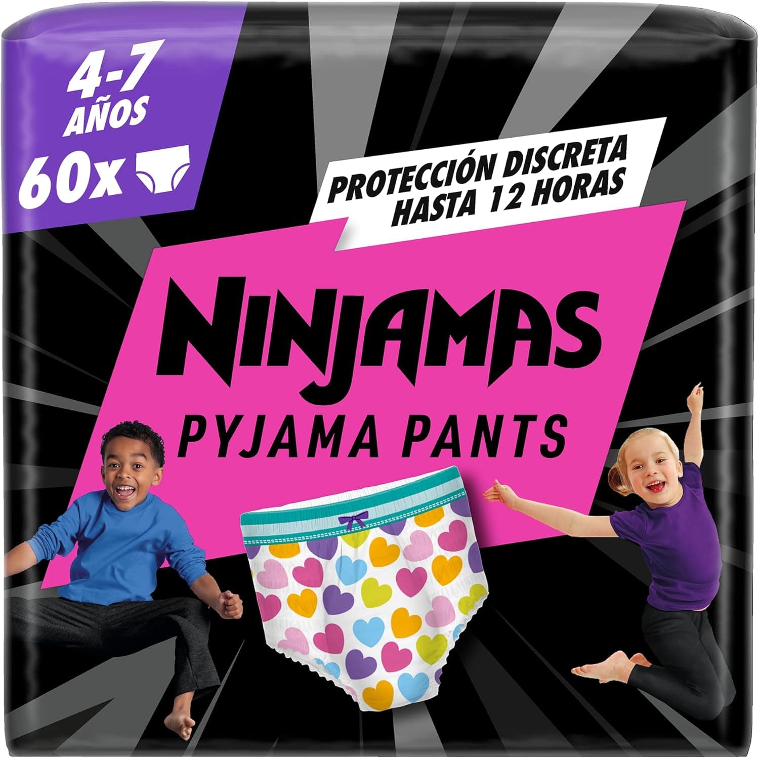 Ninjamas Fralda de pijama com corações, 10 fraldas de pijama, 4-7 anos, 17 kg-30 kg, proteção contra fugas a noite toda