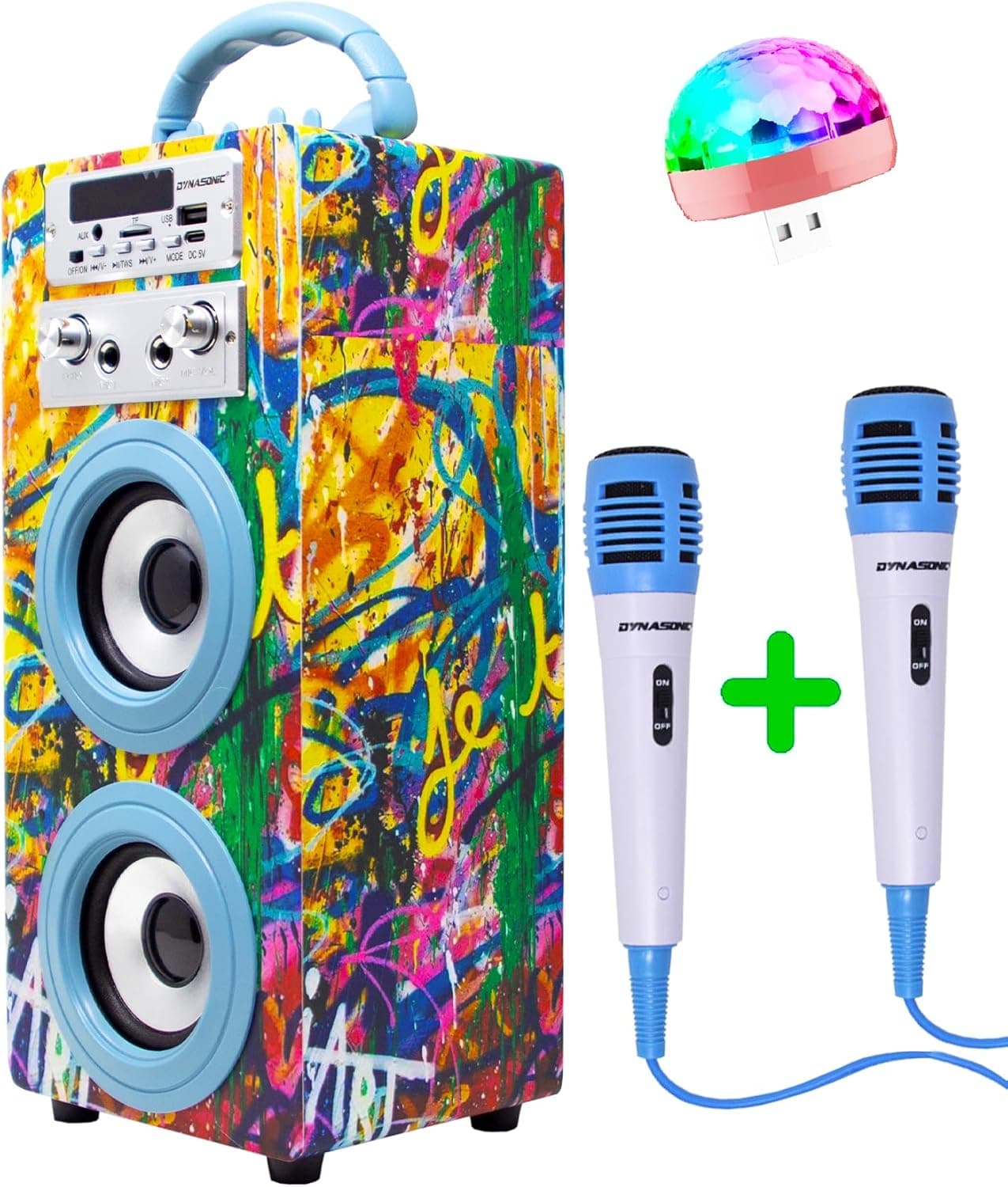 Máquina de karaokê portátil DYNASONIC, altifalante karaoke com 2 microfones, altifalante Bluetooth, luz USB incluída, leitor USB e SD, design exclusivo, presente original (025-22 luz)