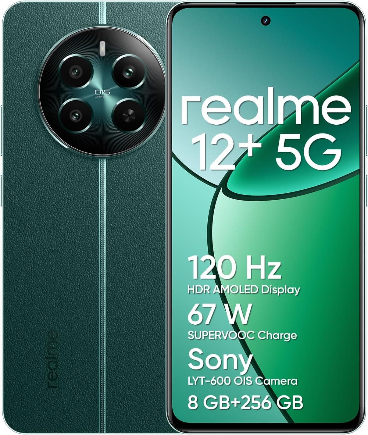 realme 12 Telemóvel 5G, 8 + 256 GB, câmara para retrato Sony LYT-600 OIS, ecrã AMOLED ultrafluído de 120 Hz, conjunto de chips Dimensity 7050 5G, 5000 mAh, NFC, verde