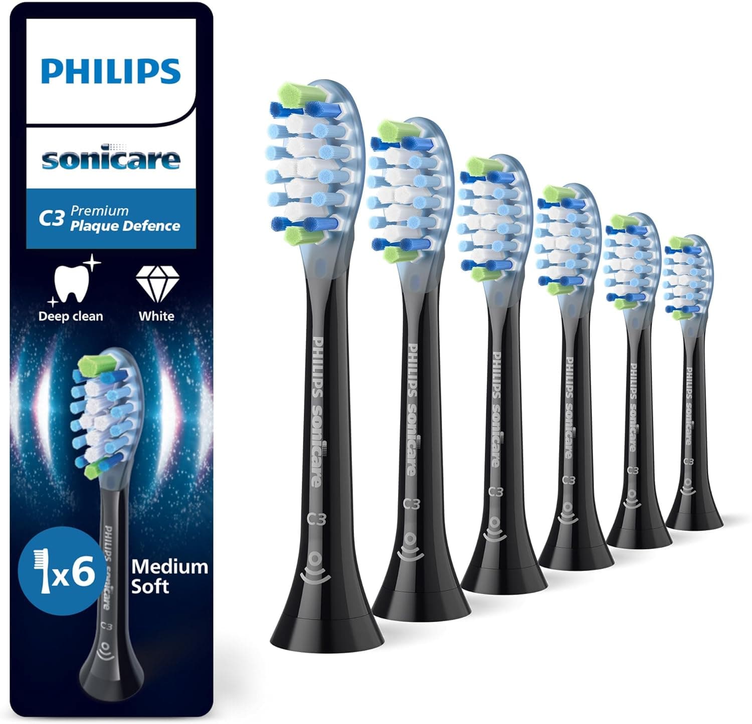 Philips Sonicare C3 Premium Plaque Defence, cabeças de escova de dentes de substituição originais, preto, embalagem de 6, HX9046/88