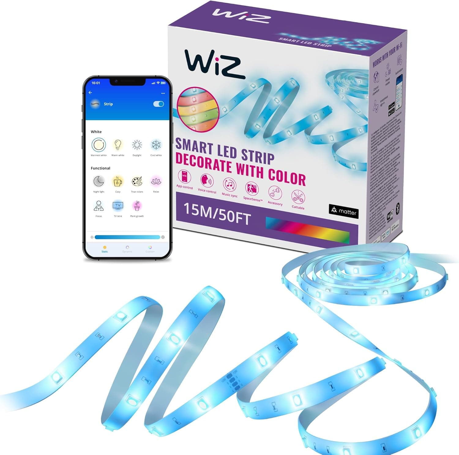 WiZ - Tira LED inteligente 15 m, RGB, inclui alimentador, até 16 milhões de cores, conecte-a via WIFI, com tecnologia SpaceSense, controlo via App ou Voz e compatível com Alexa e Google Home