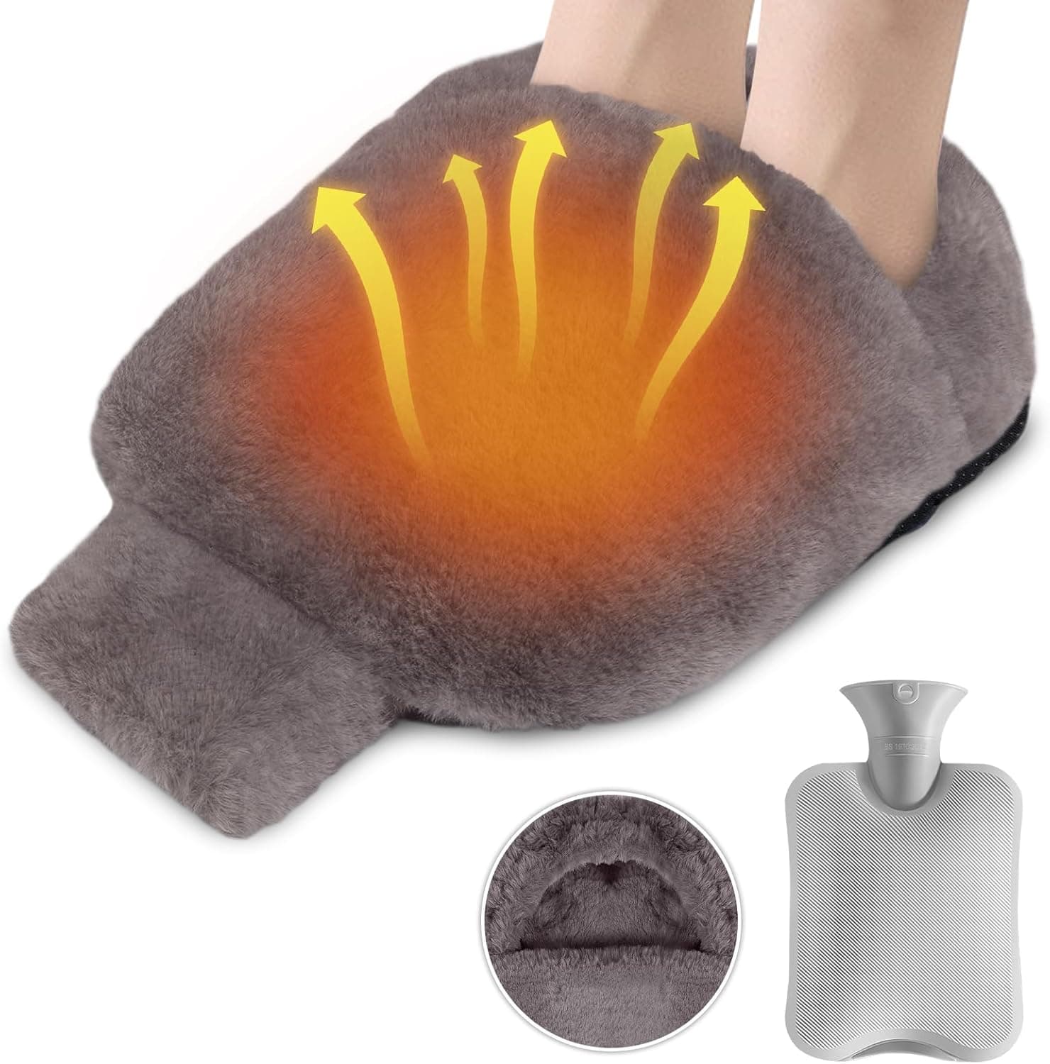 Aquece pés sem eletricidade 2 em 1, LIFOCI 2L bolsa de água quente para pés com pelúcia, upgrade One Piece Room (32 x 27 cm) com salto, super fluffy e quente Plus (castanho)