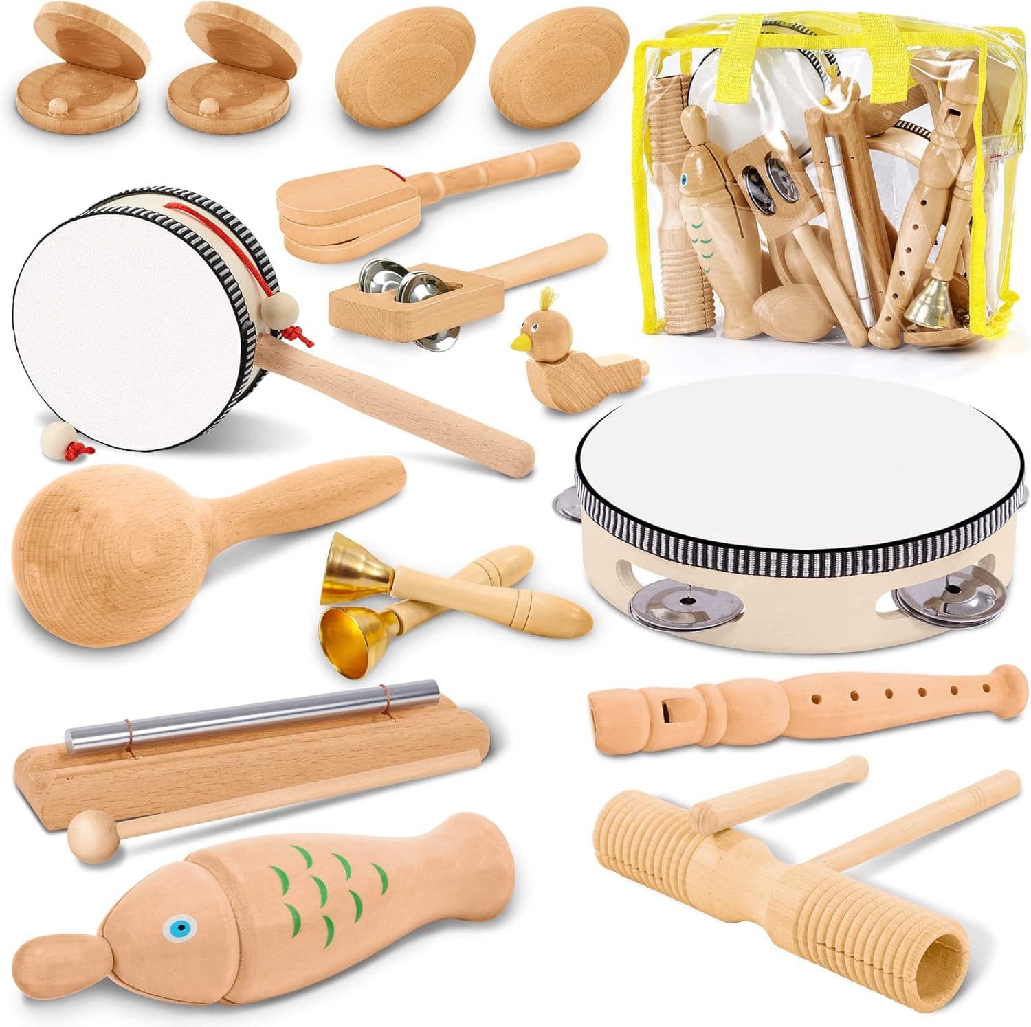 Jojoin Instrumentos musicais de madeira para crianças-20 peças naturais instrumentos de percussão muitos tipos de brinquedo - desenvolvimento educativo brinquedos musicais para bebé de 3 4 5 anos