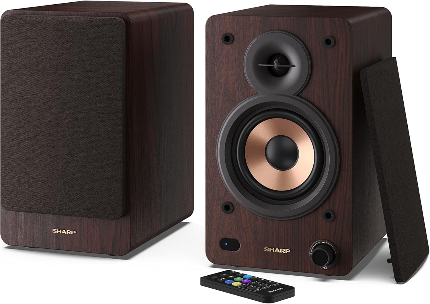 Sharp CP-SS30(BR) Casal colunas estantes ativos de 2 vias, 60 W RMS (2 x 30 W) caixa de madeira, Bluetooth v5.0, USB, ótica, auxiliar, RCA, ajuste graves e afiados, grade removível, controlo remoto