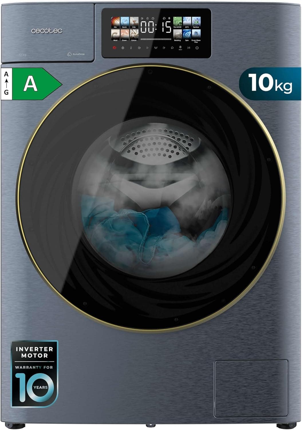 Cecotec Lavadora 10 kg carga frontal com autodose Bolero DressCode 10950 Autodose Inverter 3D Ice Blue A. 1400 rpm, 13 programas, baixo consumo, motor inversor Plus, design Core Matrix Screen 9,2" 