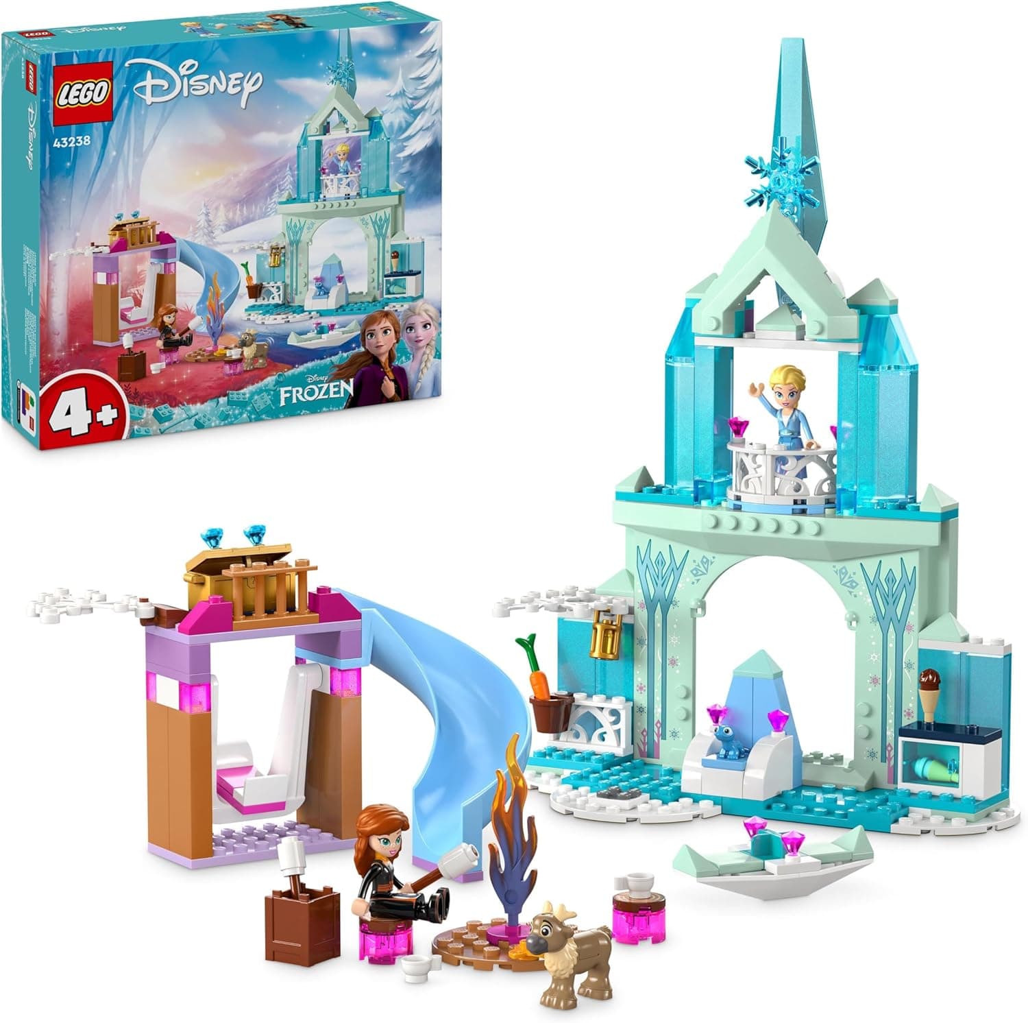 LEGO | Disney Frozen castelo gelado de Elsa, palácio de princesa de brinquedo, 2 figuras de animais e mini bonecas de Elsa e Anna, presente de aniversário para meninas e meninos de 4 anos em frente