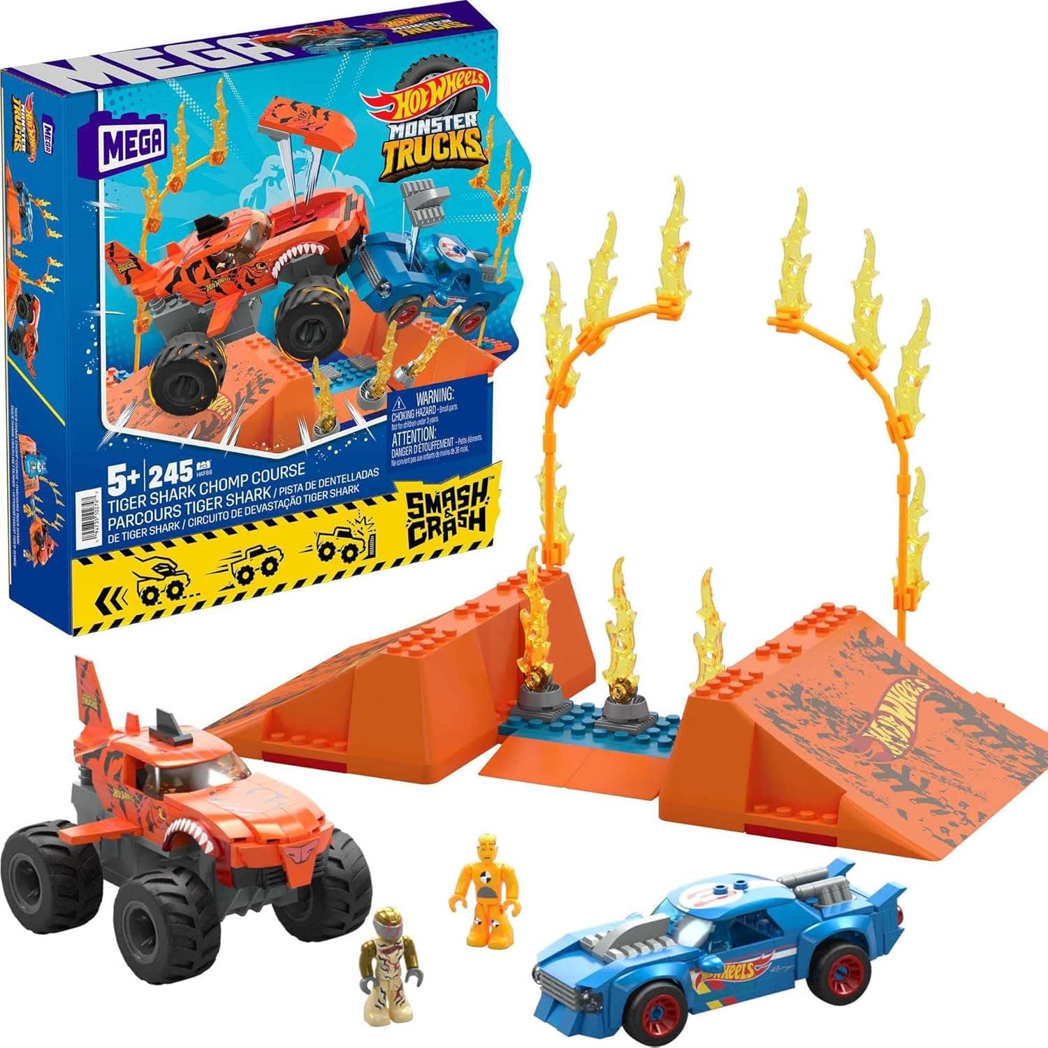 MEGA Construx Hot Wheels Monster Trucks pista Tiger Shark carros com conjunto de blocos de construção com acessórios, brinquedo + 5 anos (Mattel HKF88)