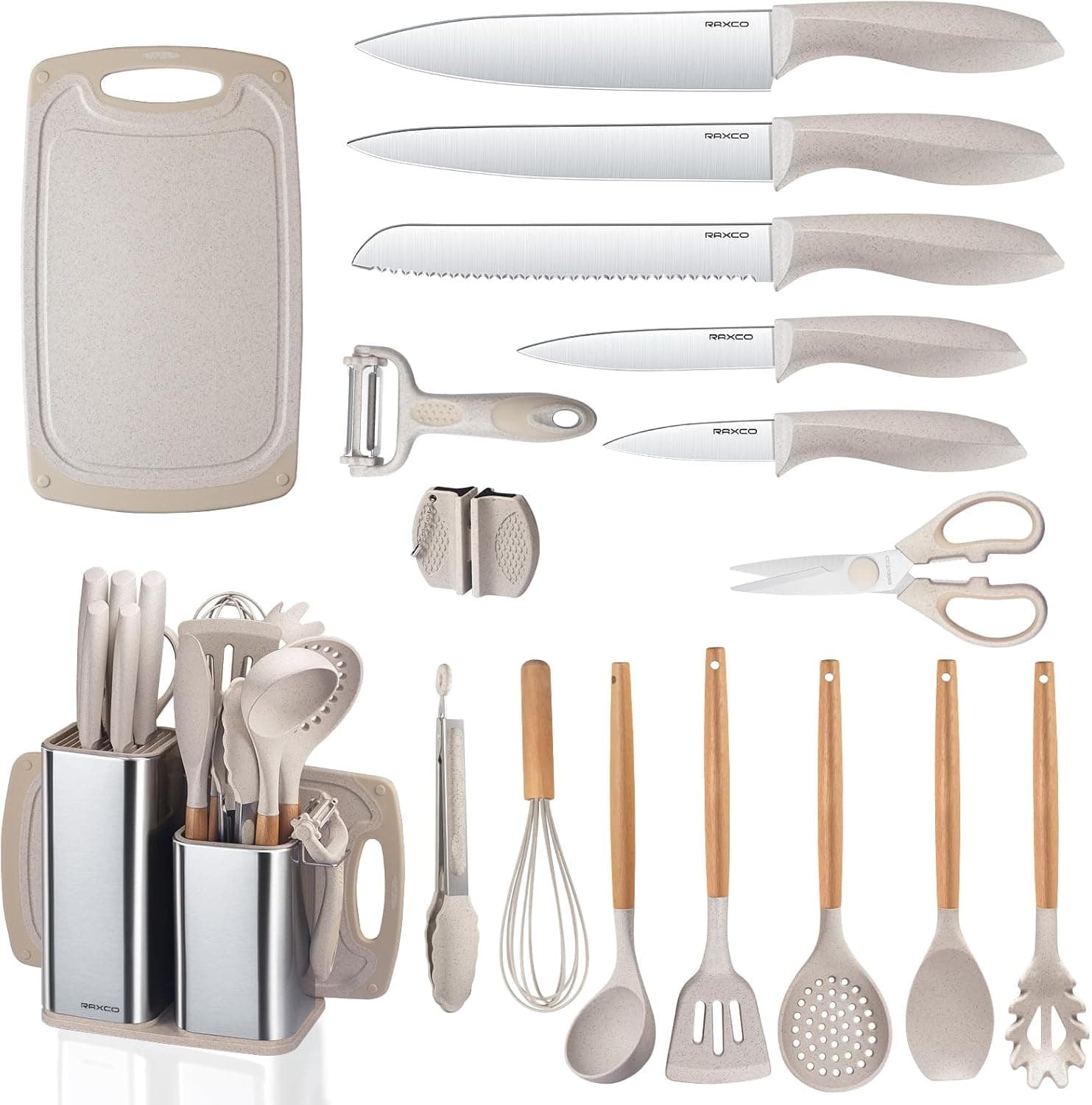 RAXCO Conjunto de facas de cozinha com bloco, 18 peças de utensílios de cozinha com 5 conjuntos de facas e 7 espátulas de silicone