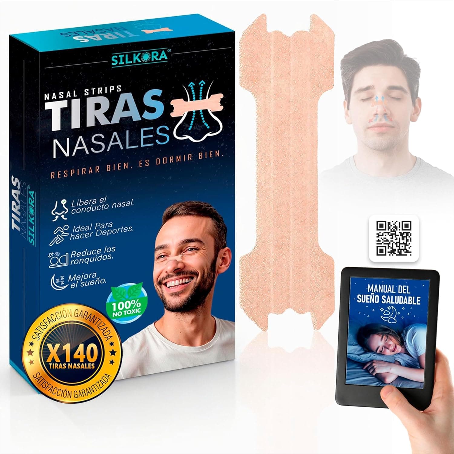 140-SUPER PACK Tiras nasais premium SILKORA® | Tiras nasais anti-ressonar para dormir, aliviam a congestão nasal | Anti-ressonado, Nose Strips, Breathe Right, Nasal Strips para respirar melhor pelo